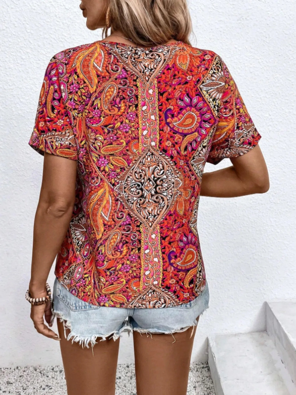 Bohemian Paisley Print V-neck Short Sleeve T-shirt (11)