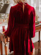 Velvet Mock Neck Balloon Sleeve Dress (12)
