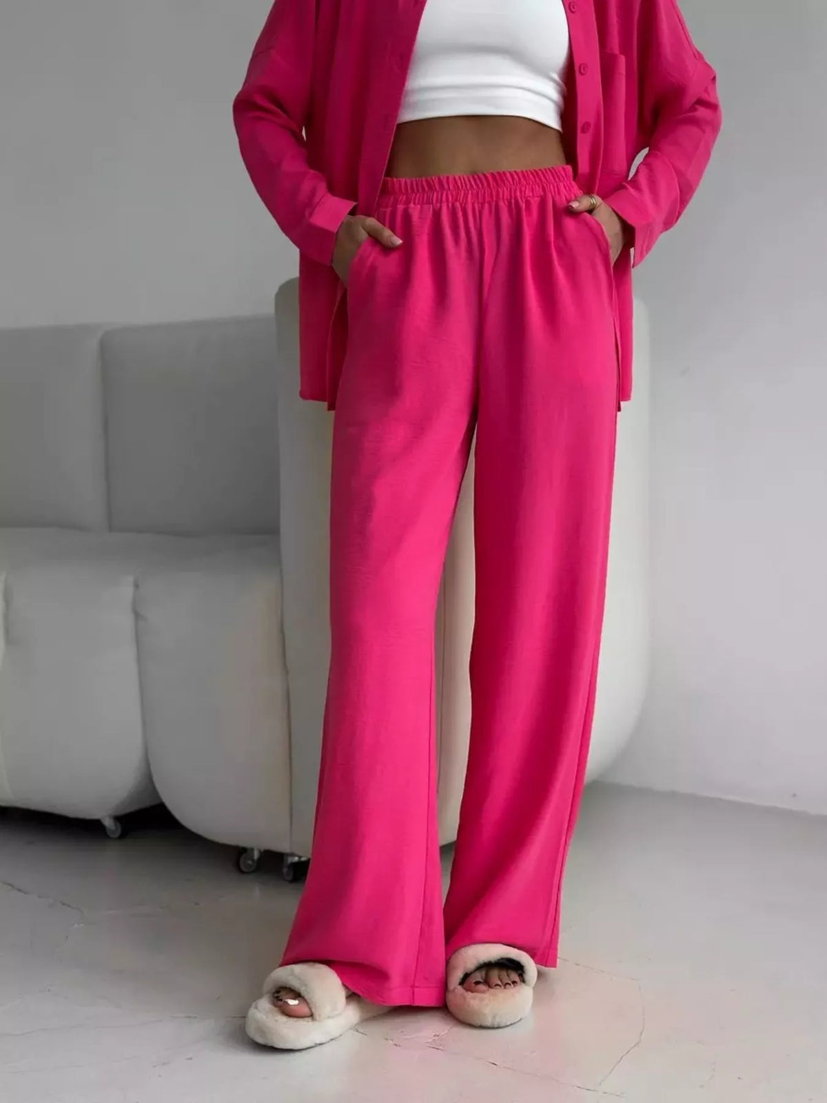 Relaxed Fit Shirt Wide Leg Pants Set (29)