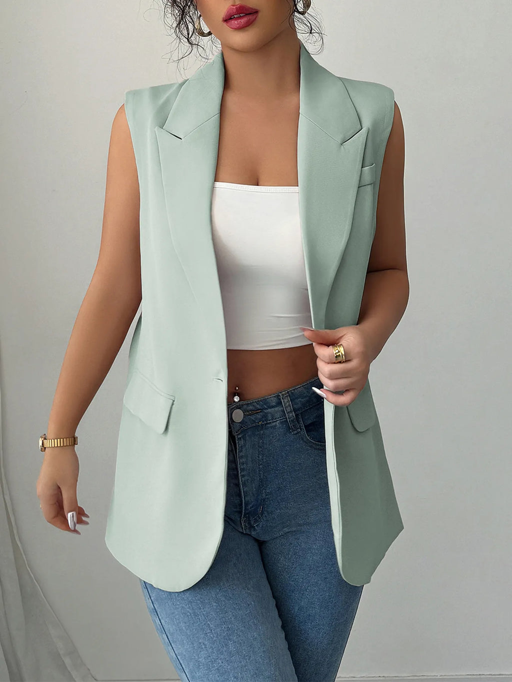 One Button V-neck Blazer Vest Coat (5)