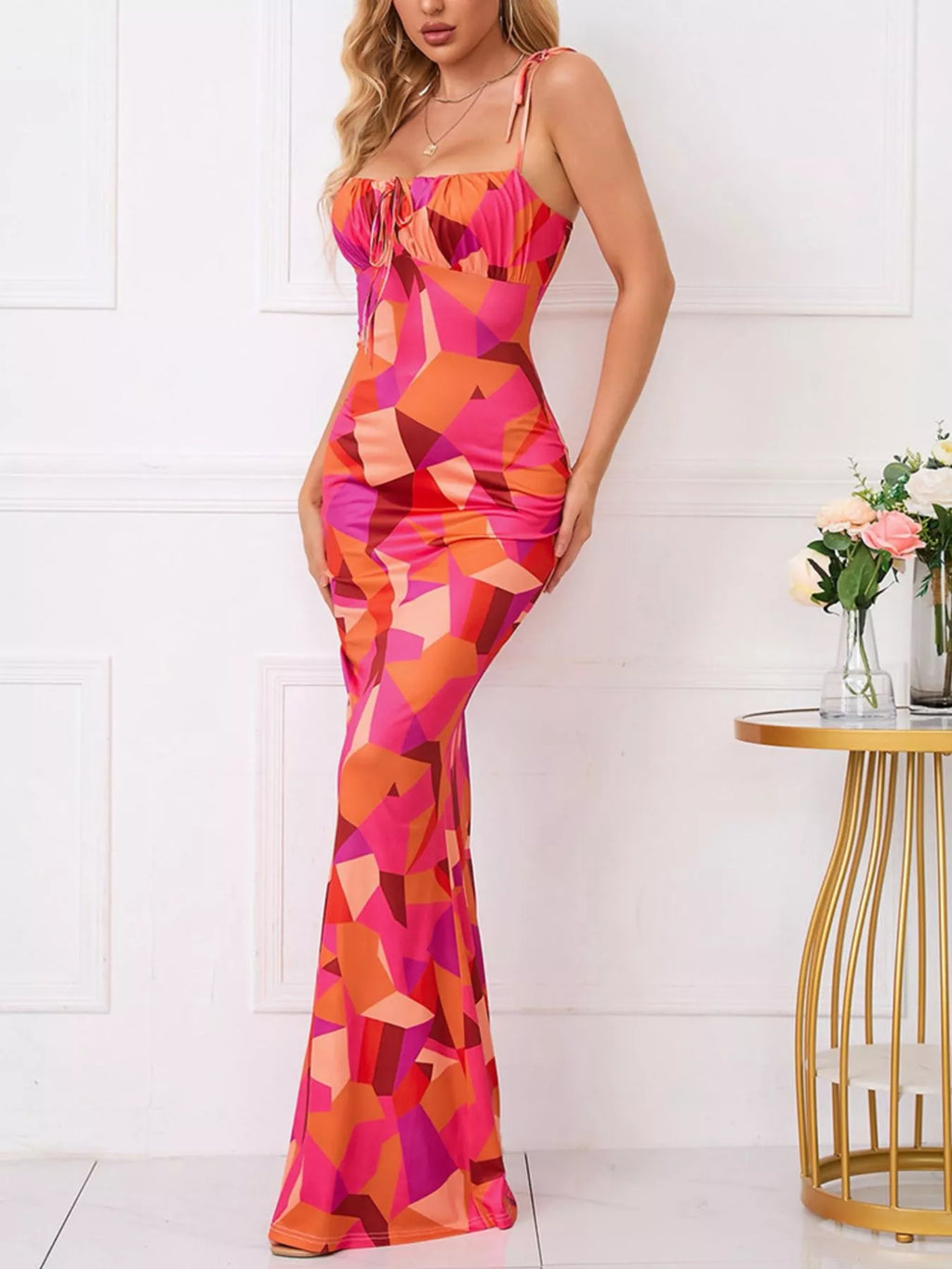 Floral Print Tie Strap Bodycon Maxi Dress (7)