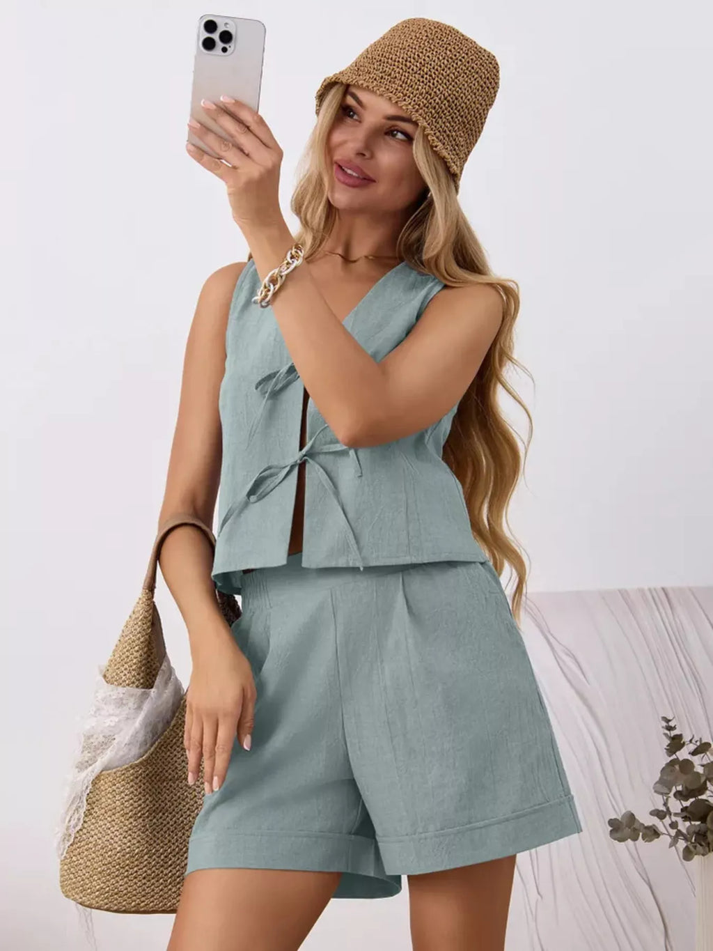 Tie-front Sleeveless Top Shorts Set (12)