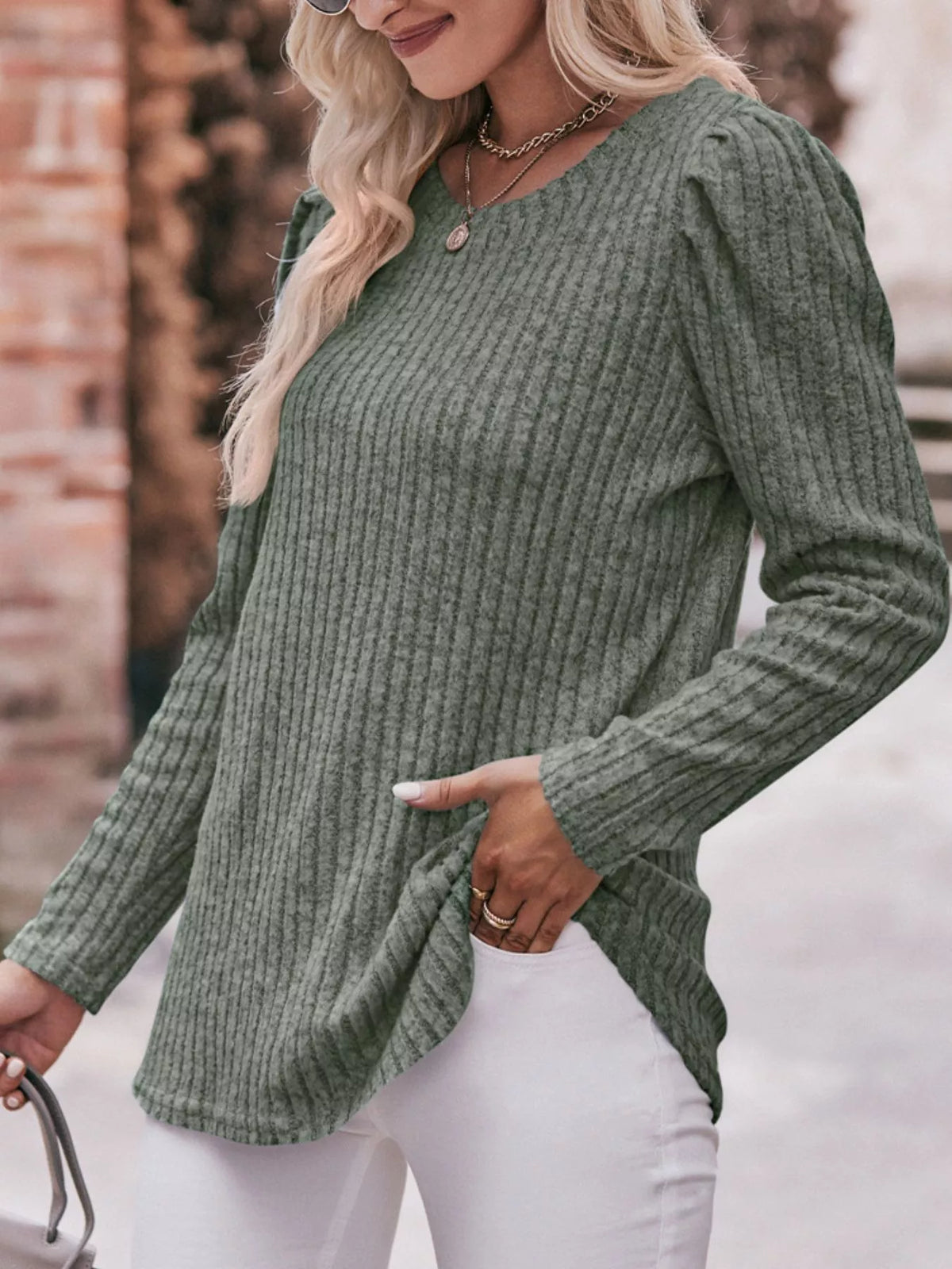 Ribbed Knit Puff Sleeve T-shirt (18)