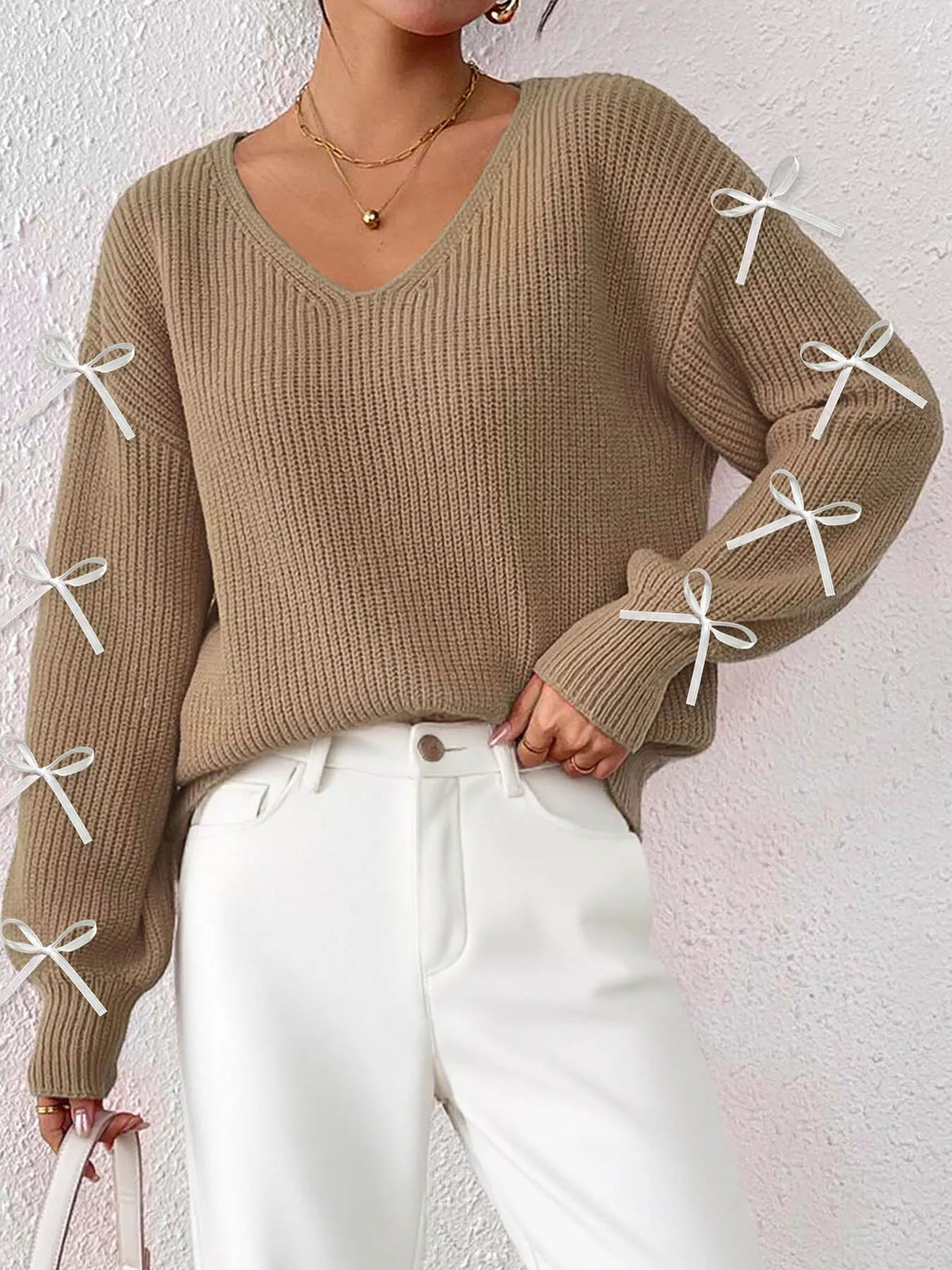 Bow-tie Sleeve V-neck Sweater (2)