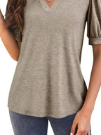 Puff Sleeve Notched Casual T-shirt (9)