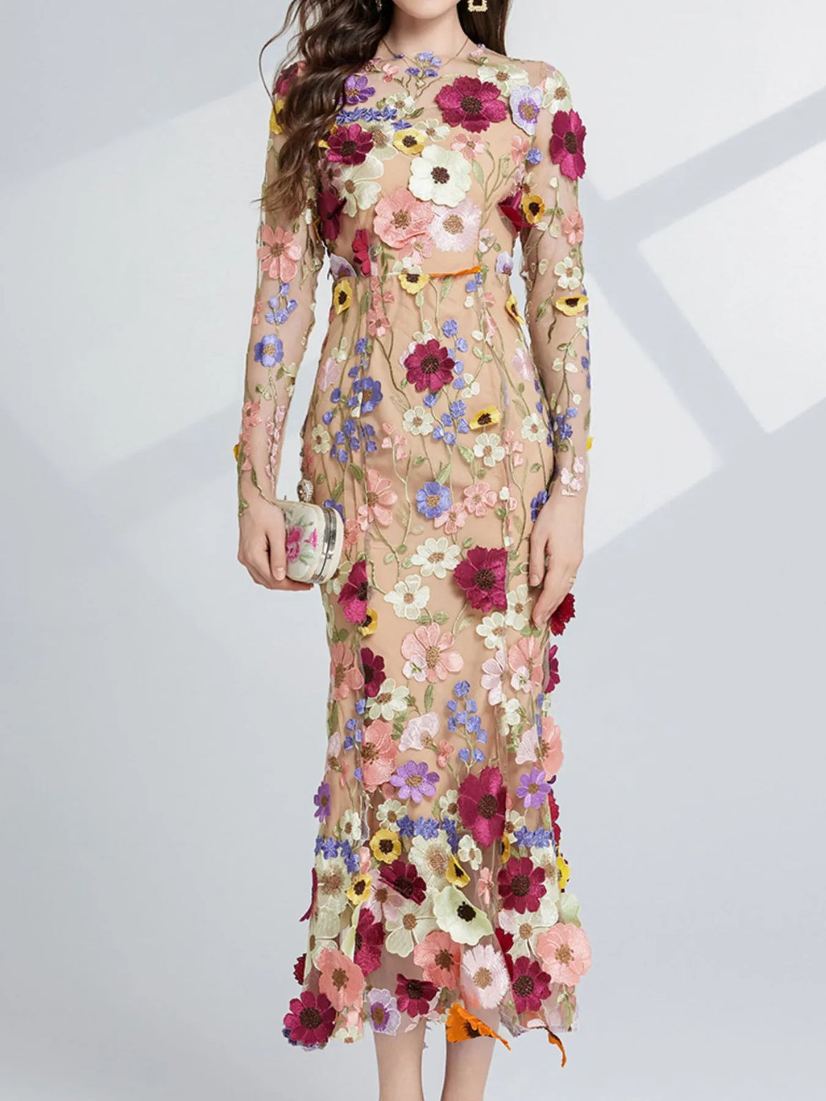 Floral Embroidered Mesh Long Sleeve Midi Dress (2)