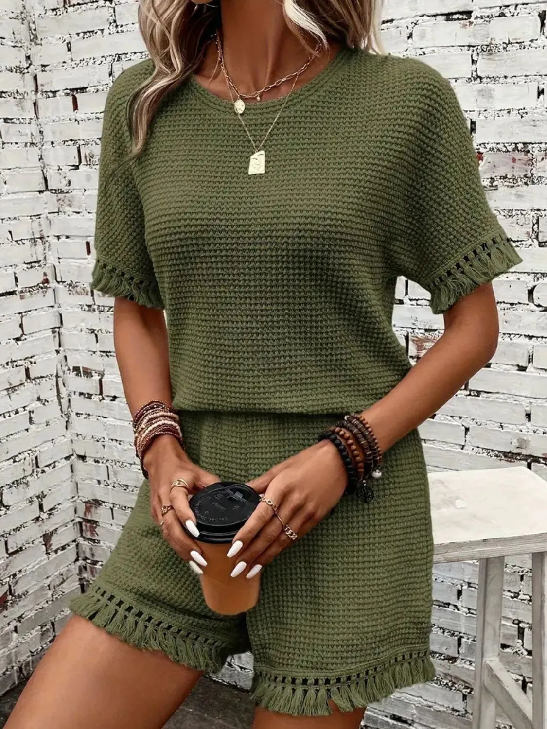 Tassel Round Neck Top Shorts Set (7)