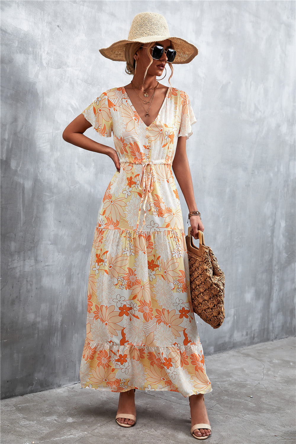 Floral Buttoned Drawstring Waist Tiered Dress (15)