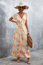 Floral Buttoned Drawstring Waist Tiered Dress (15)