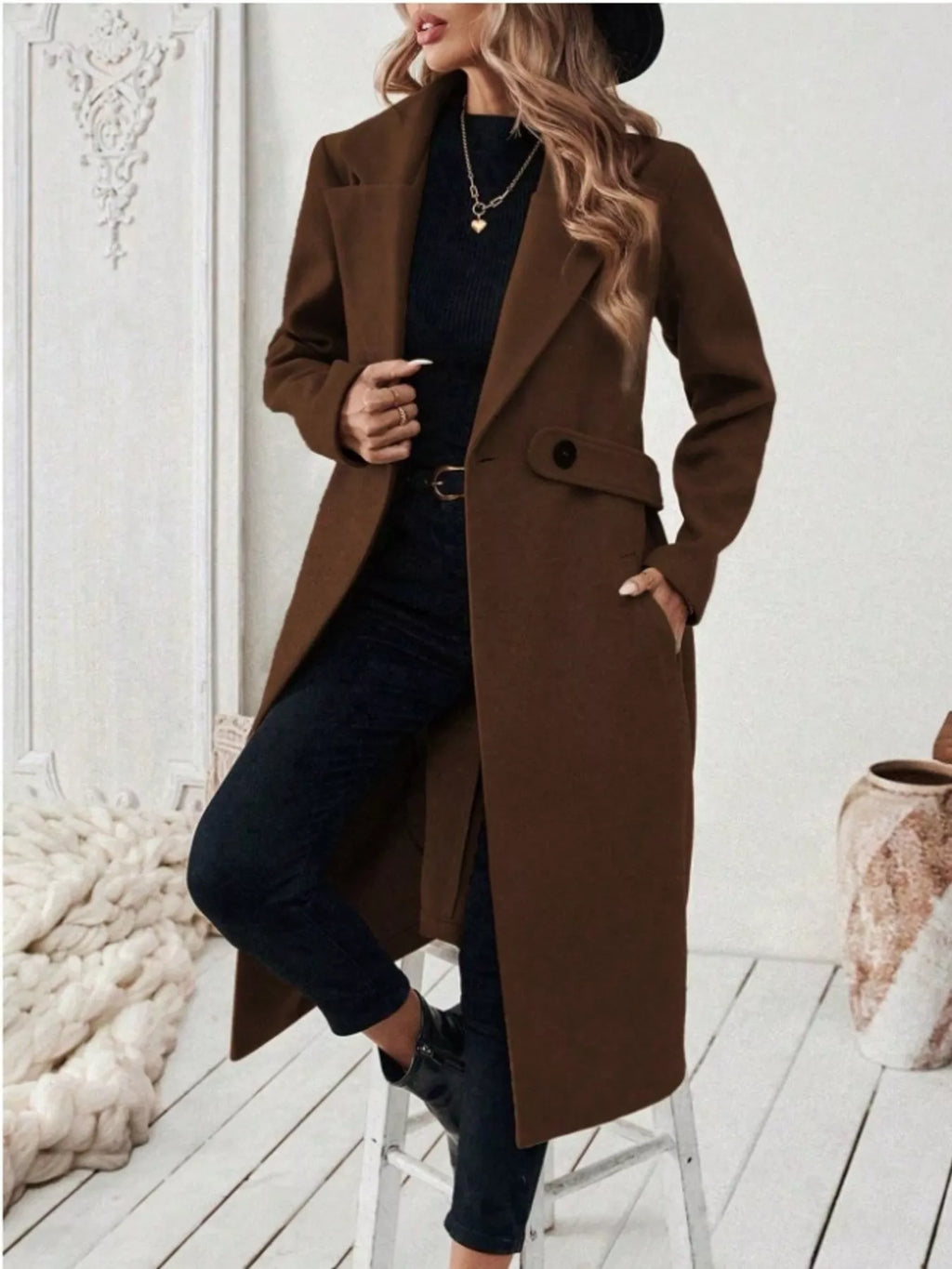 Full Size Elegant Lapel Collar Belted Coat Pockets Plus (10)