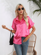 Button Down Collared Neck Short Sleeve Satin Shirt (4)