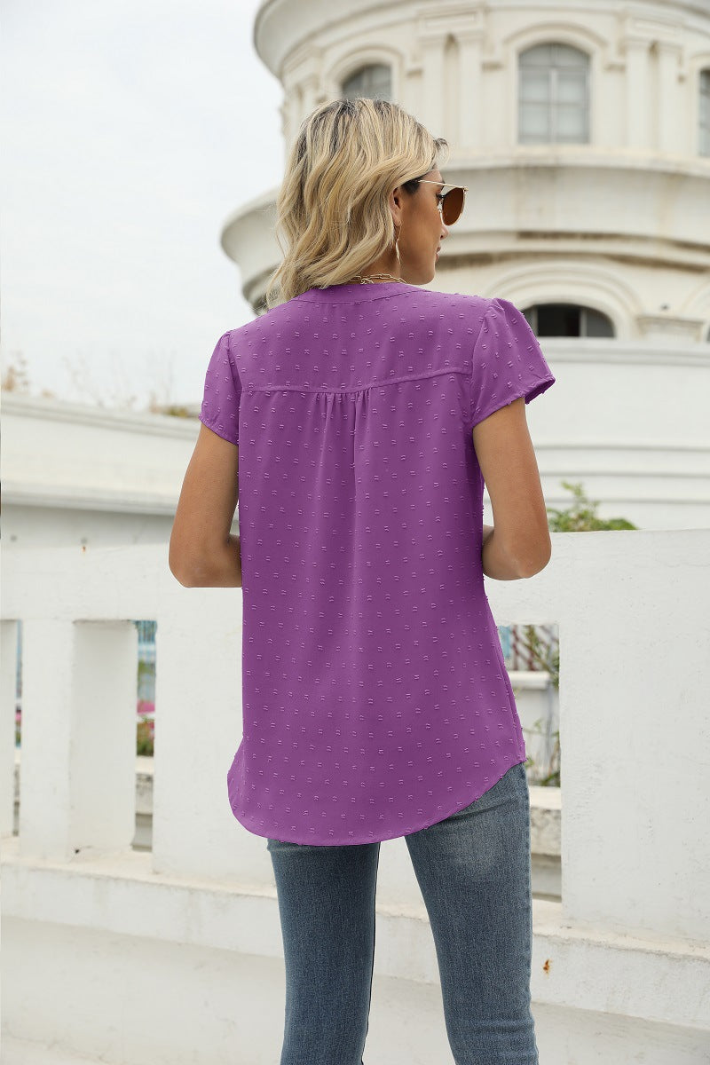 Swiss Dot Notched Neck Short Sleeve Top (26)