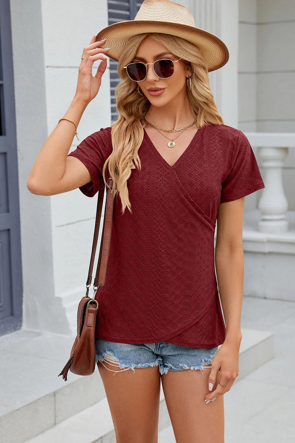 Eyelet Surplice Short Sleeve T-shirt (3)