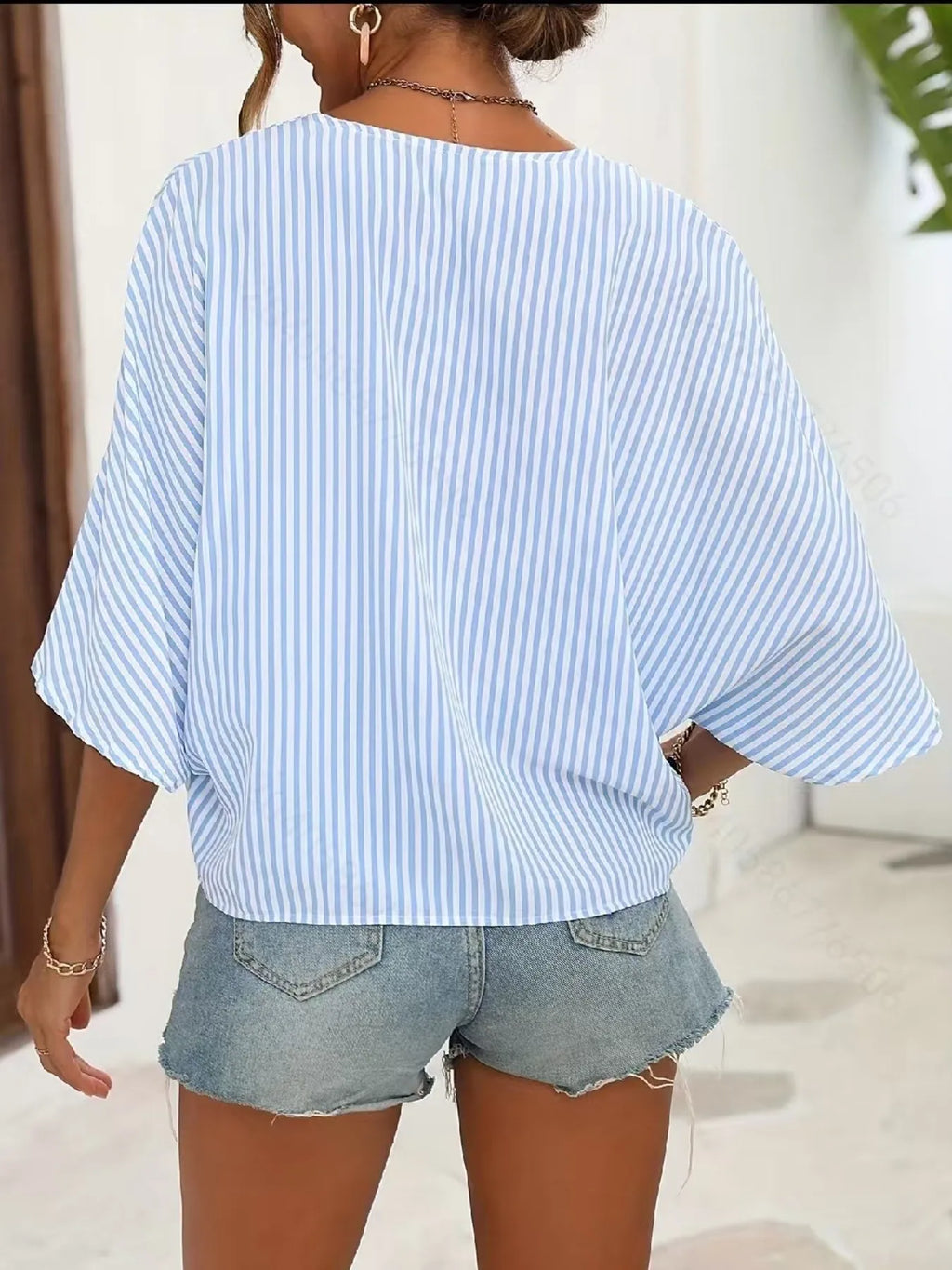 V-neck Striped Batwing Sleeve Casual Blouse (6)
