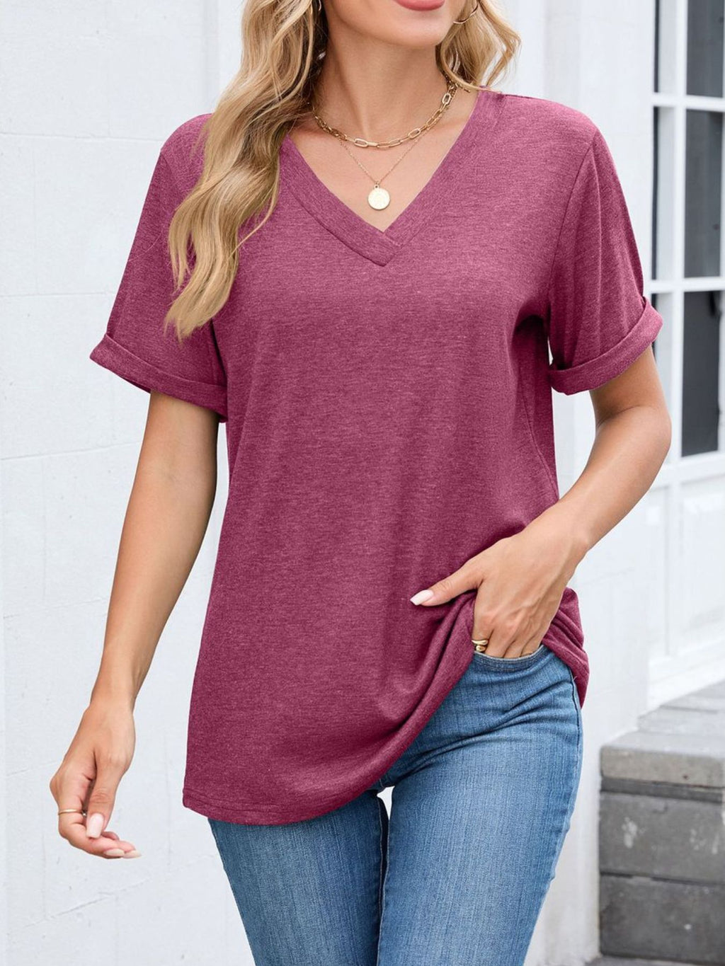 Casual V-neck Short Sleeve T-shirt (33)