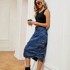 Drawstring Ruched Slit Denim Midi Skirt (5)