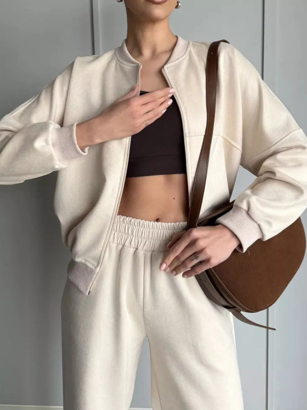 Zip Up Sweatshirt Wide-leg Pants Set (4)