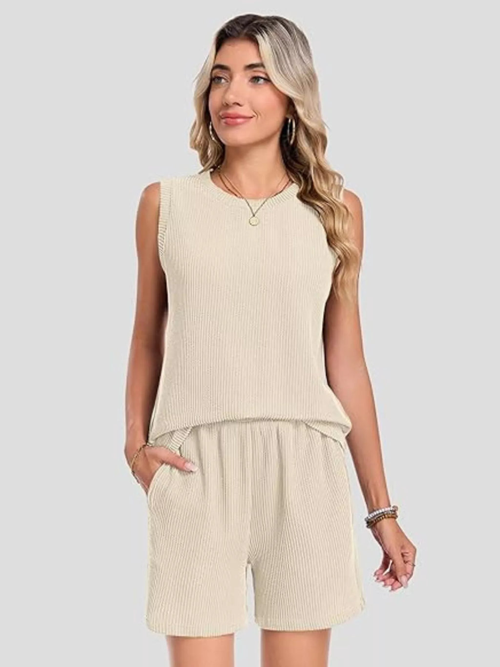 Casual Ribbed Knit Sleeveless Top Shorts Set (7)