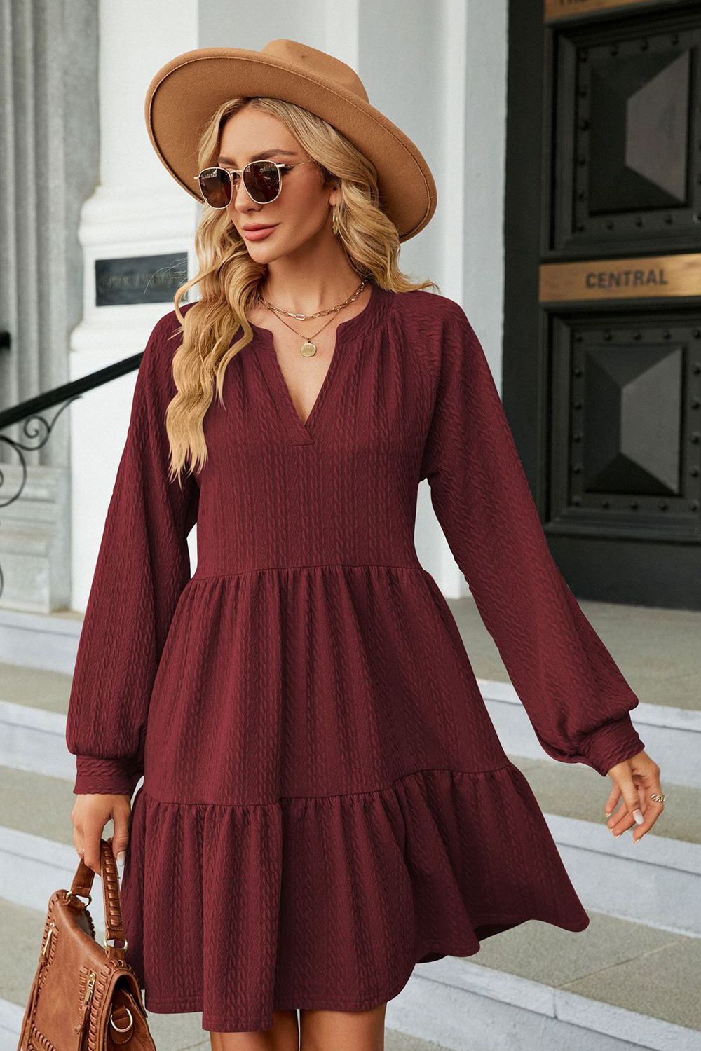 Notched Neck Long Sleeve Mini Dress (11)