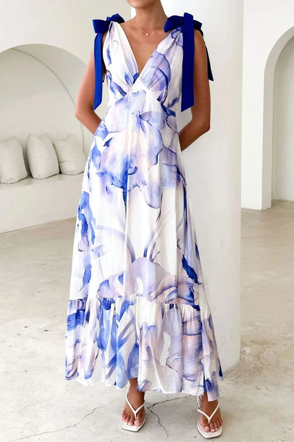 Printed V-neck Tie Shoulder Midi Cami Dress (23)