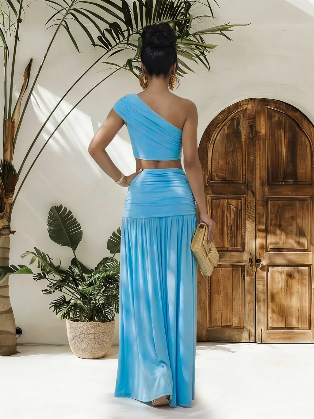 One-shoulder Top Ruched Maxi Skirt Set (5)