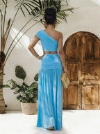 One-shoulder Top Ruched Maxi Skirt Set (5)
