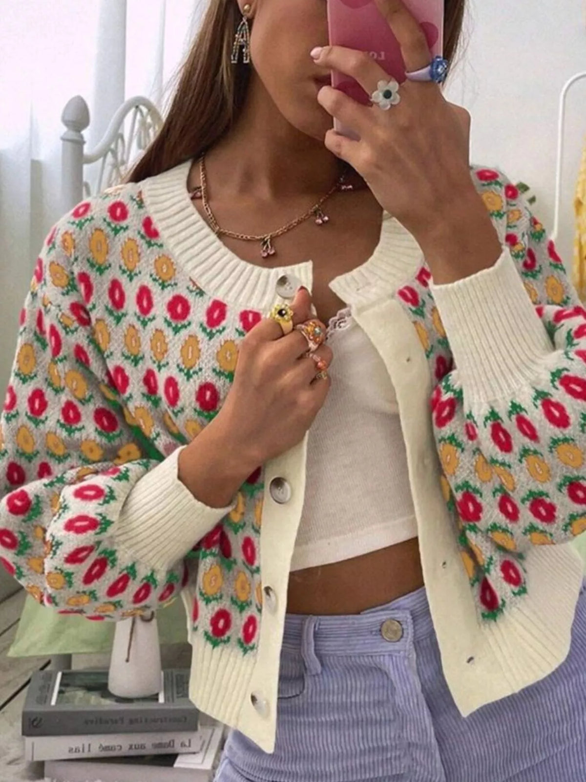 Floral Button Up Long Sleeve Cardigan