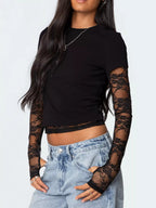Cropped T-shirt Sheer Lace Sleeves (9)