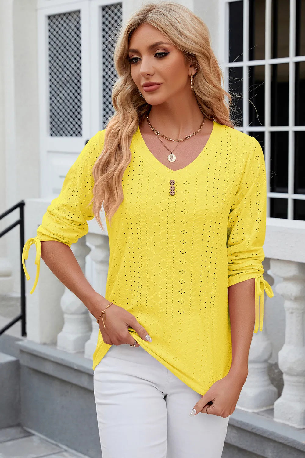 Eyelet Drawstring V-neck Half Sleeve T-shirt (22)