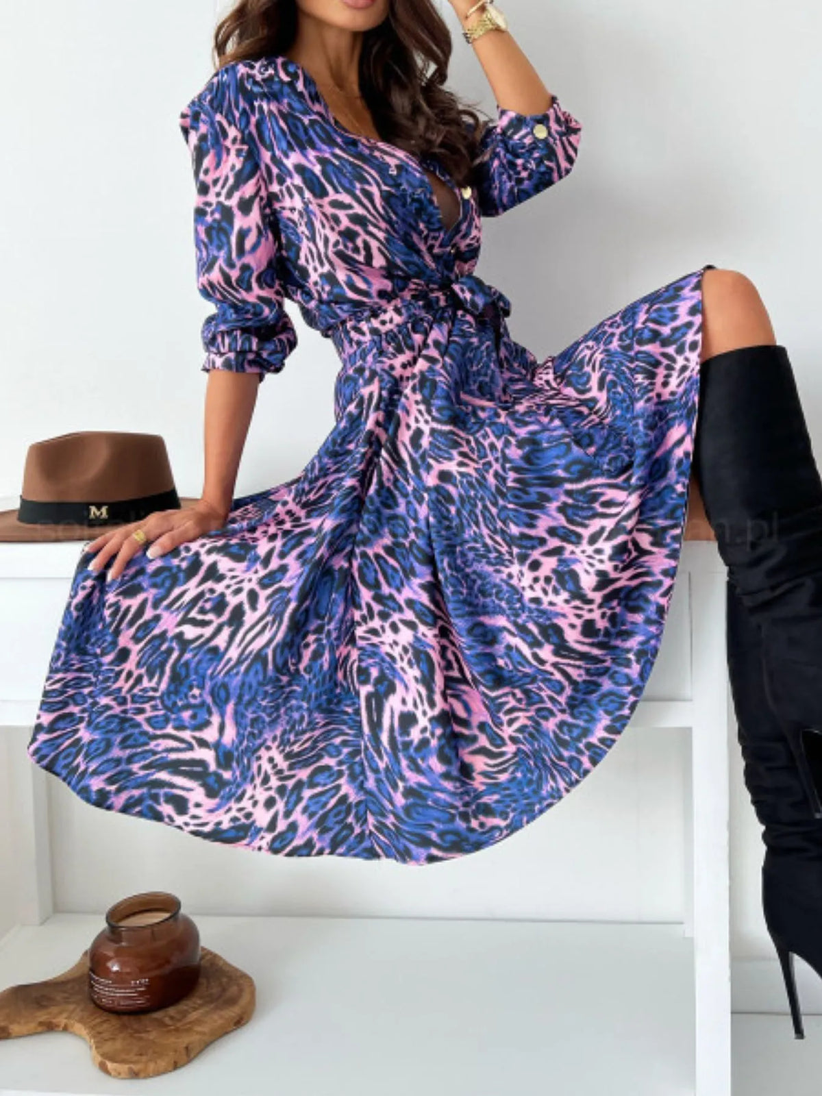 Printed Tie Waist Midi Dress (10)