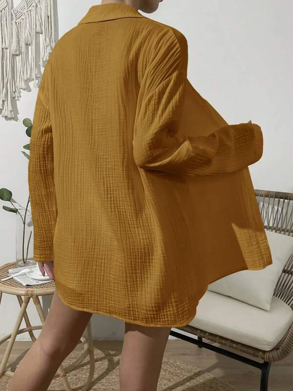 Dropped Shoulder Button Up Top Elastic Waist Shorts Set (27)