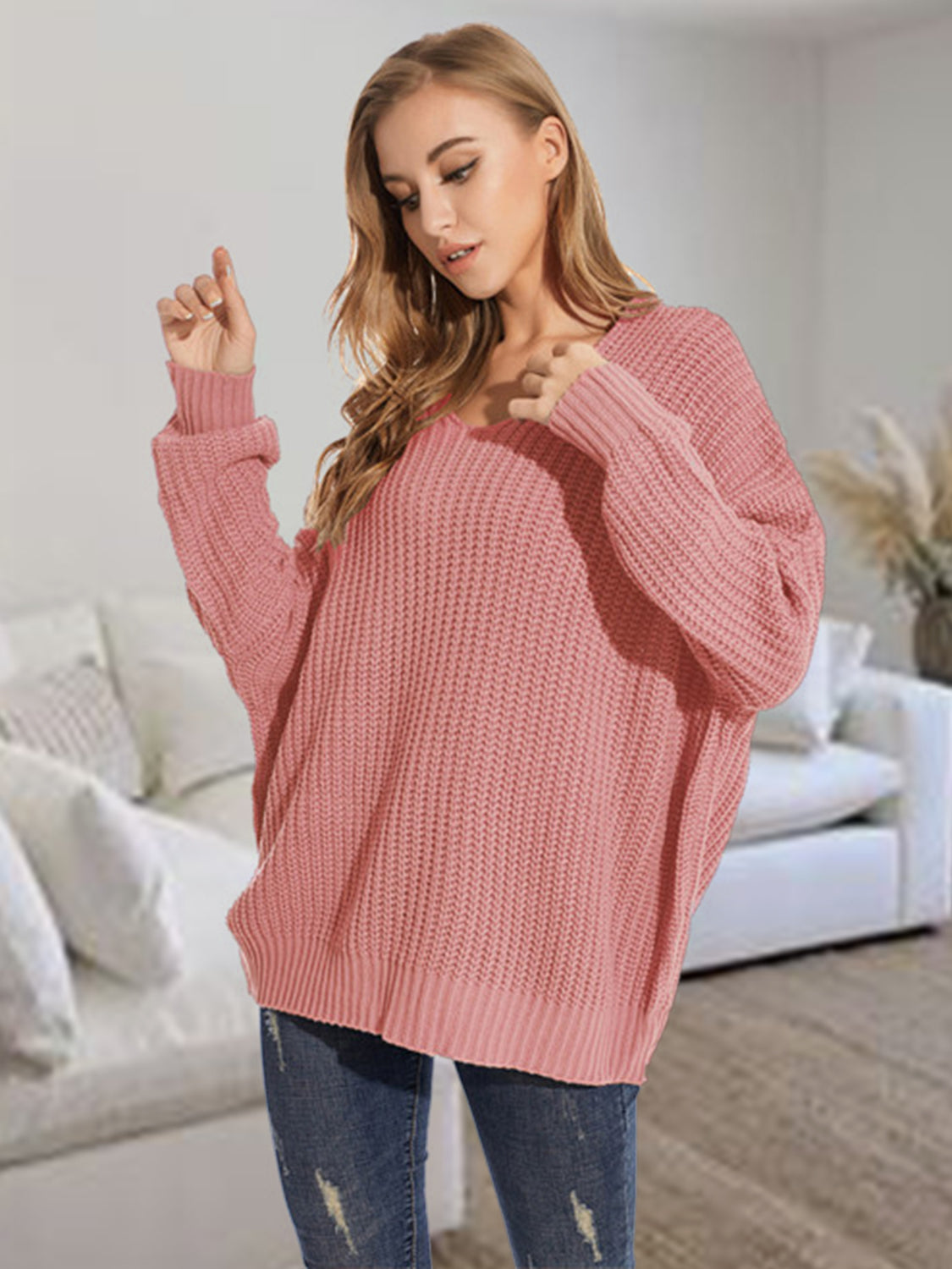 V-neck Batwing Dropped Shoulder Sweater (5)