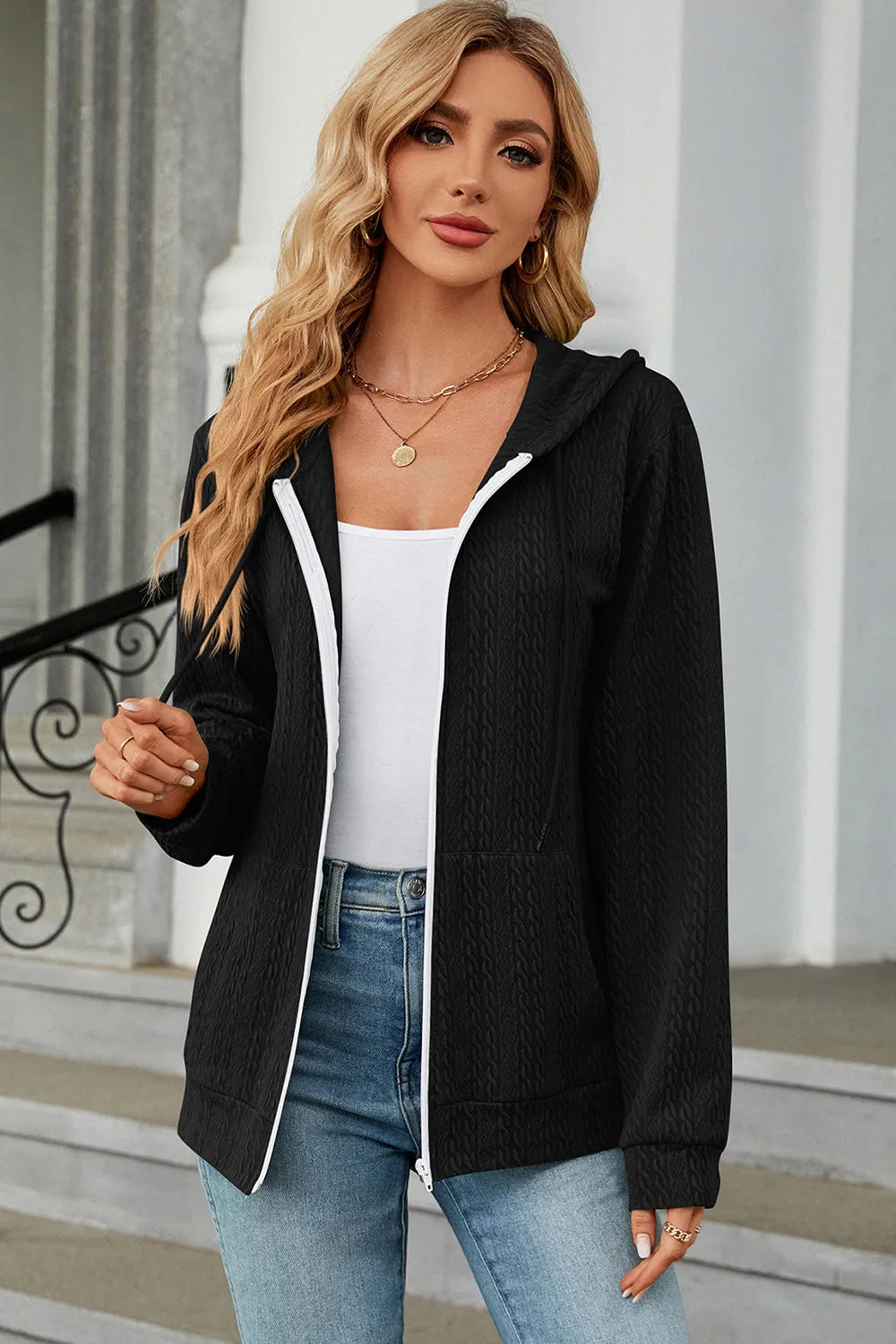 Drawstring Zip Up Long Sleeve Hoodie (8)