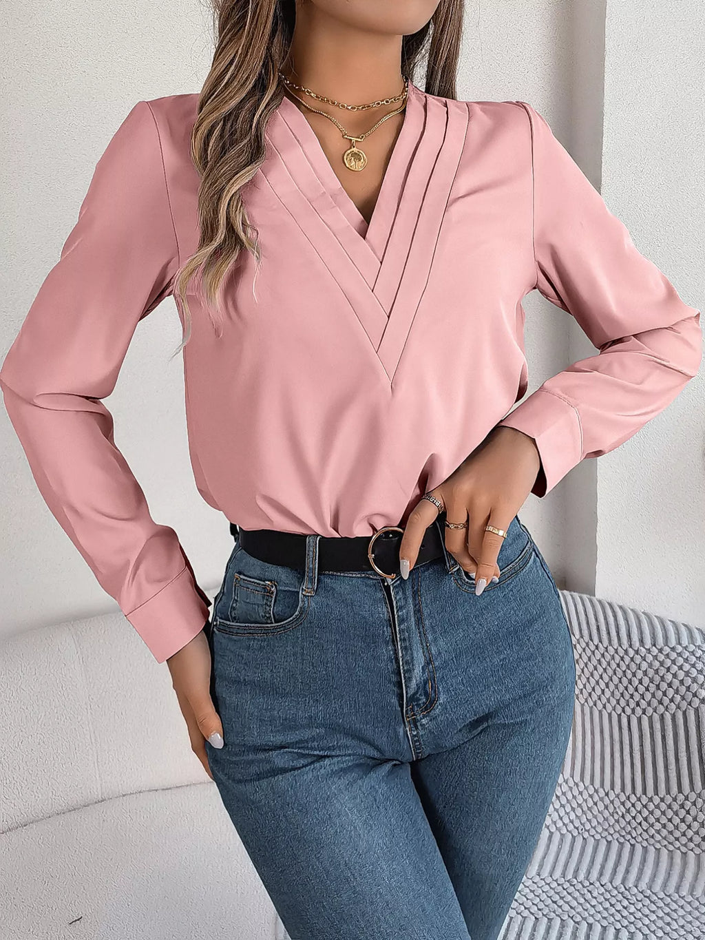 Layered V-neck Long Sleeve Blouse (9)