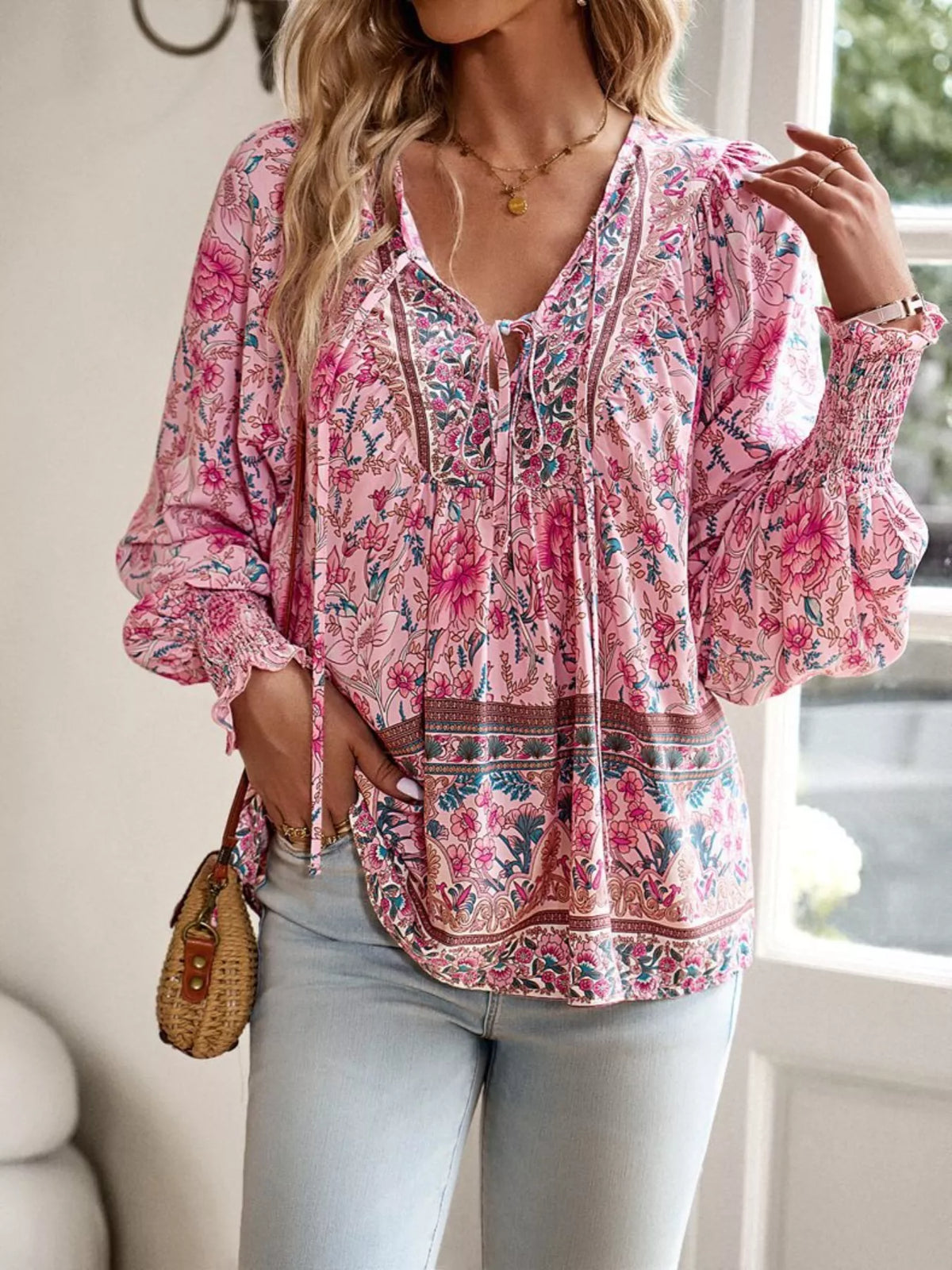 Floral Print Tie Neck Bohemian Blouse (5)