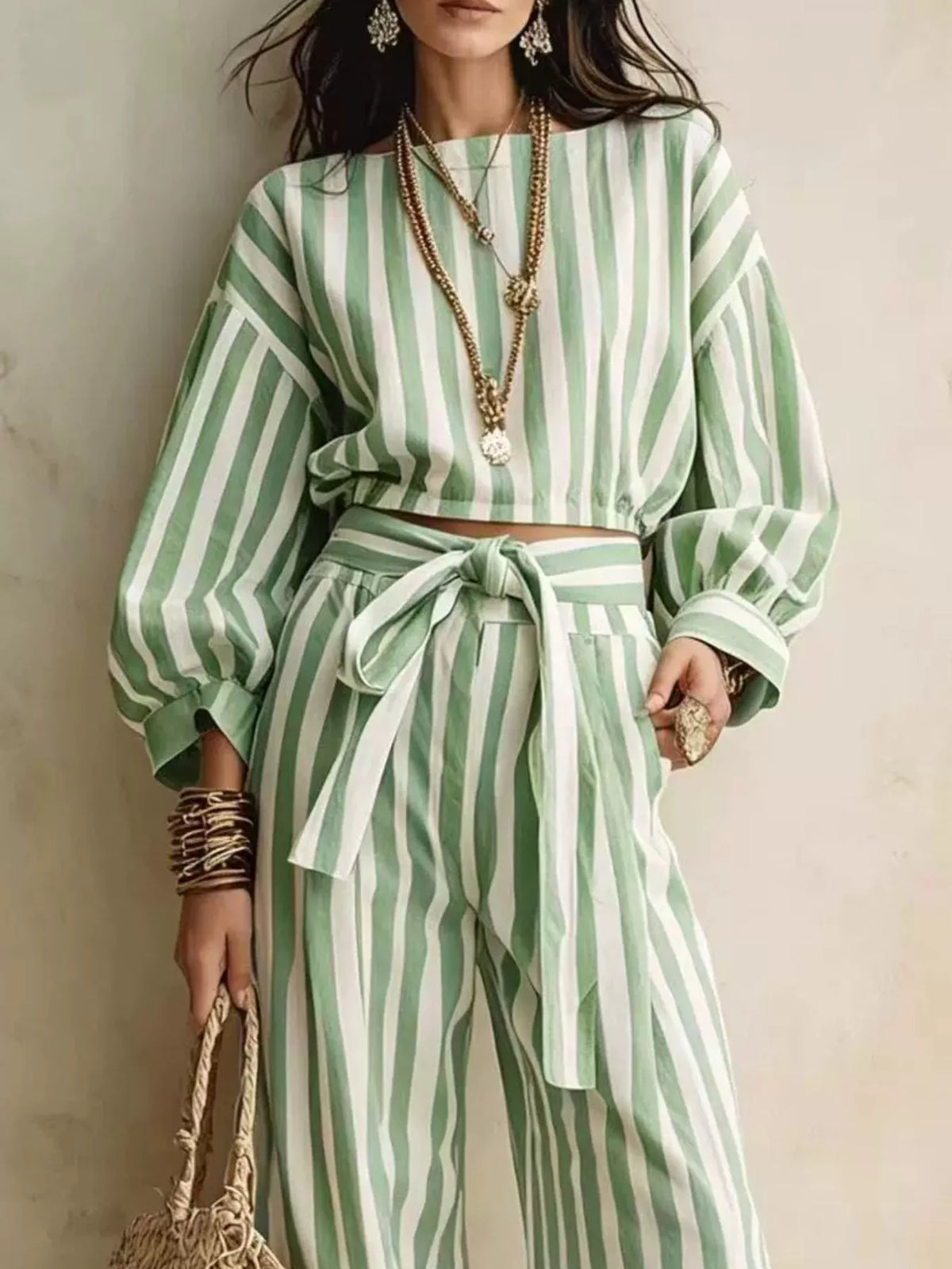 Striped Long Sleeve Top Pants Two-piece Set (7)