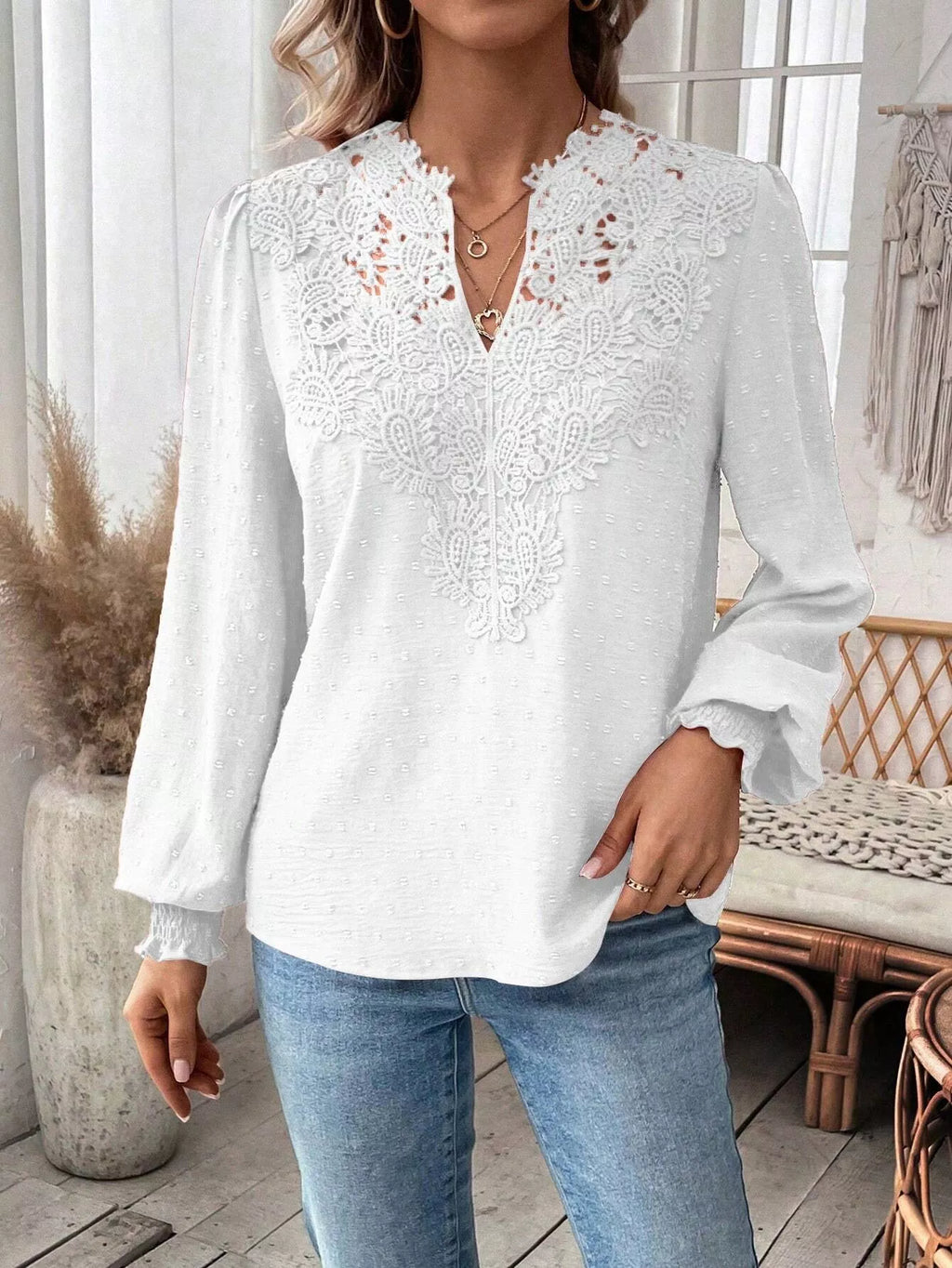 Lace Trim Long Sleeve Blouse (12)