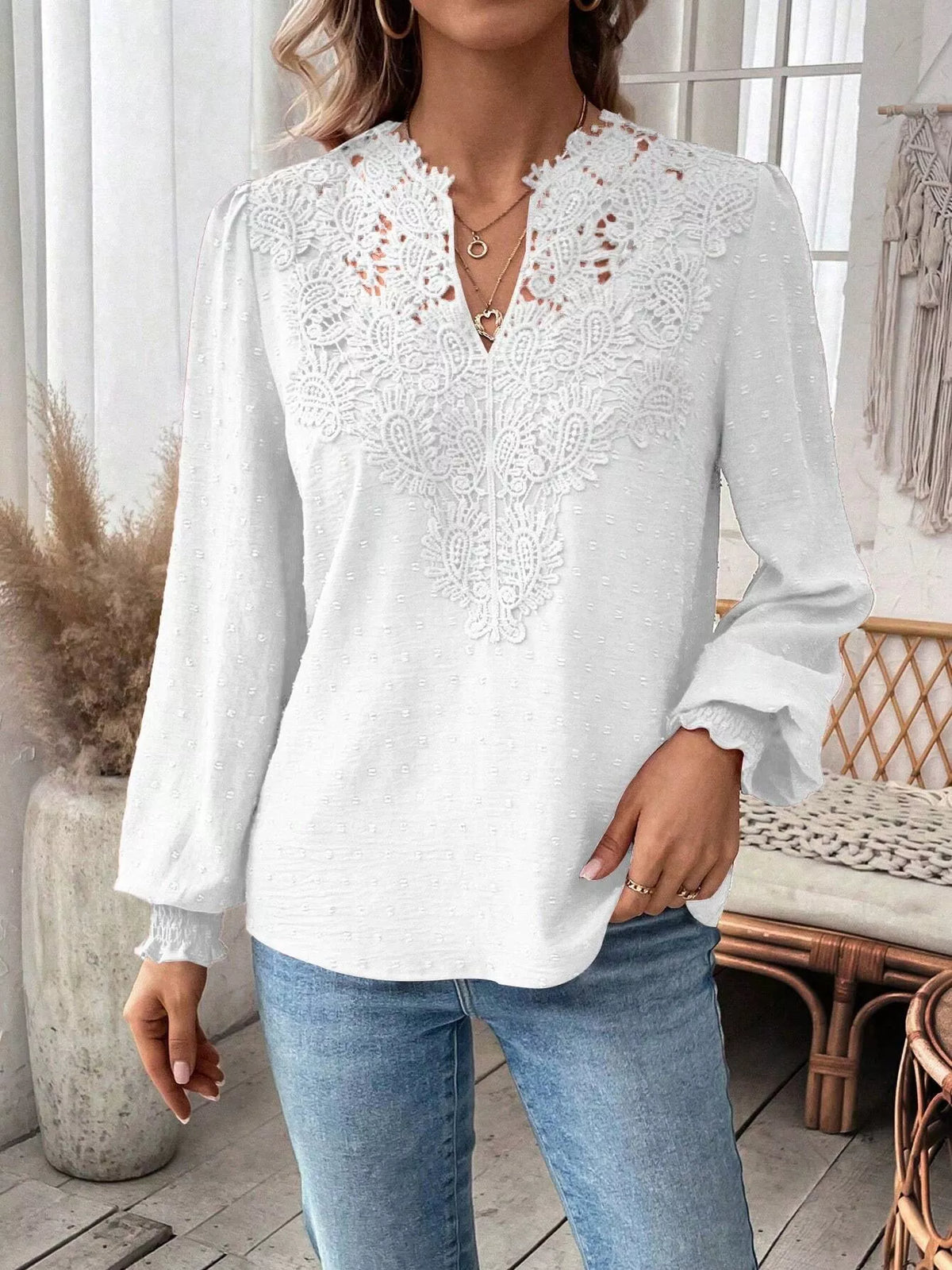 Lace Trim Long Sleeve Blouse (12)