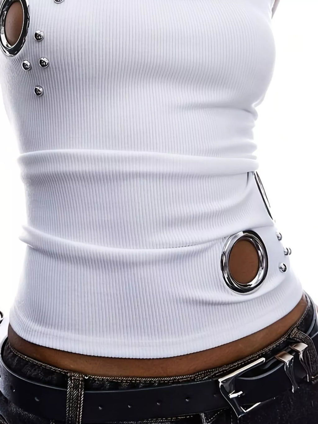Ribbed Tank Top Metal Grommet Cutouts Stud Embellishments (9)
