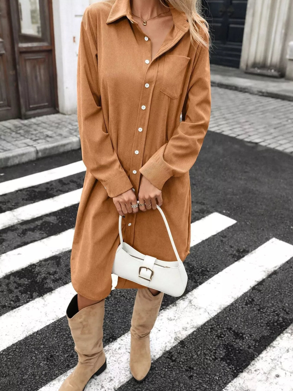 Corduroy Shirt Dress Button-down Front (2)