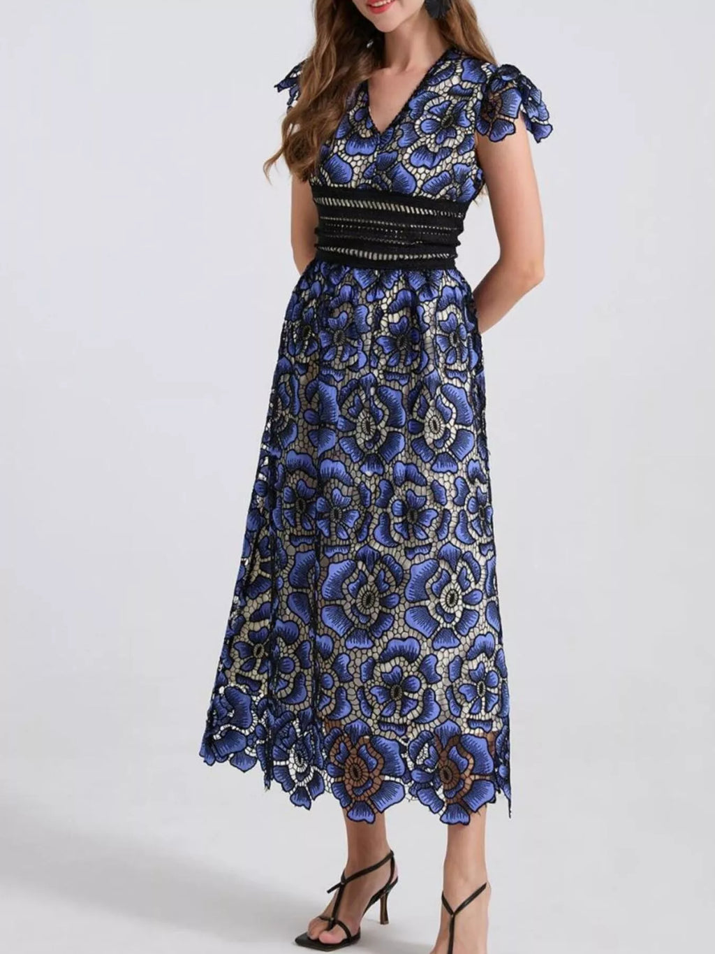 Printed V-neck Ruffle Sleeve Midi Dress (4)