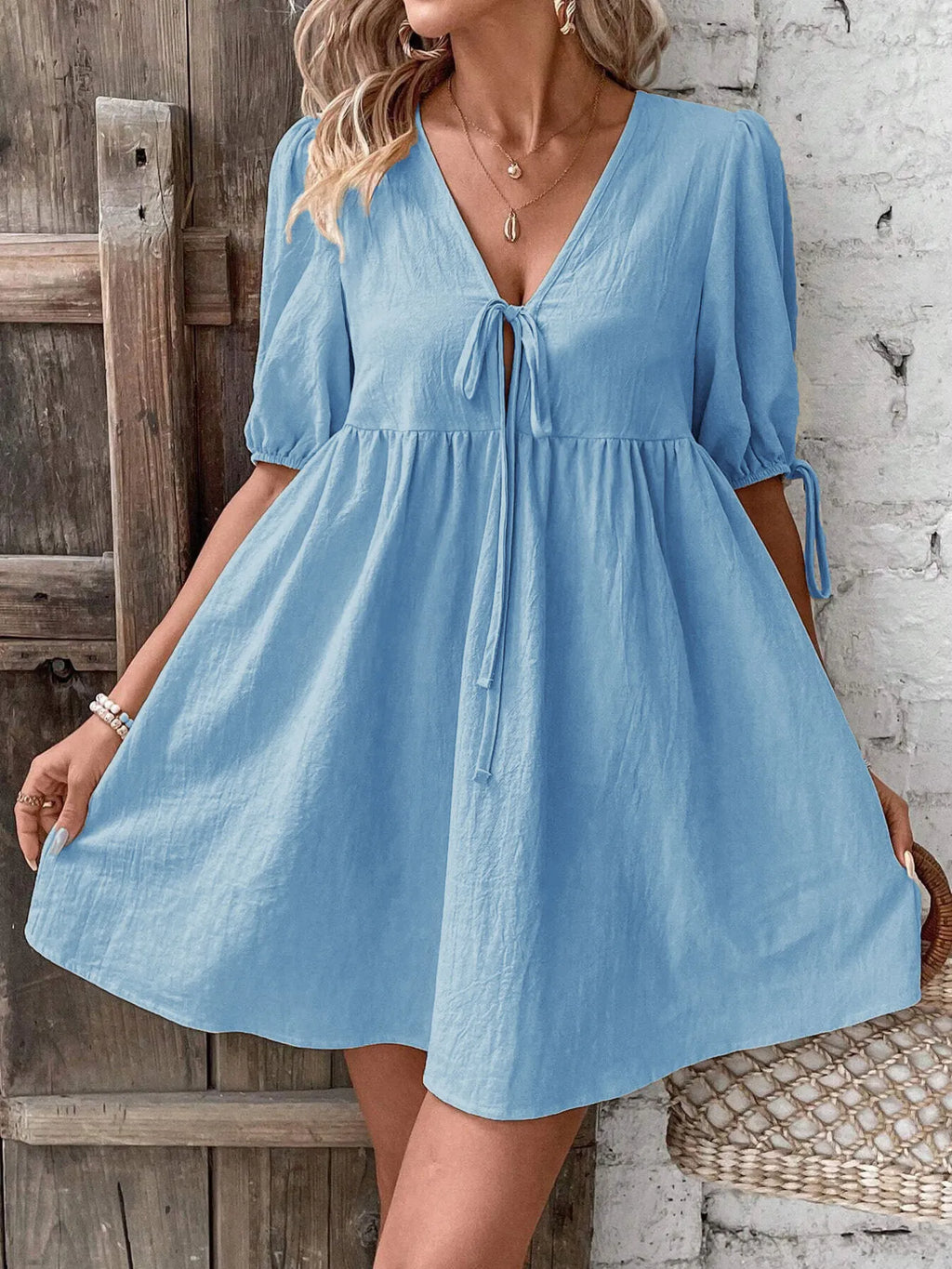 V-neck Tie-front Mini Dress Puff Sleeves (18)