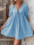 V-neck Tie-front Mini Dress Puff Sleeves (18)