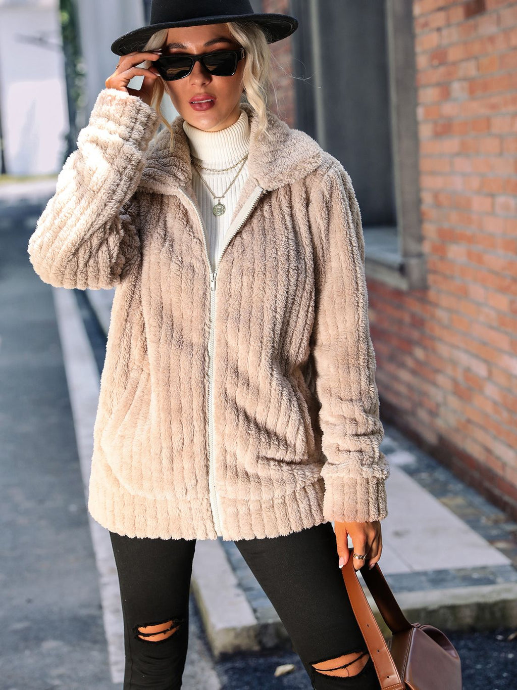 Zip-up Collared Ribbed Jacket