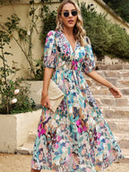 Smocked Printed V-neck Half Sleeve Midi Dress (3)