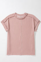 Casual Ribbed Short Sleeve Round Neck T-shirt (27)