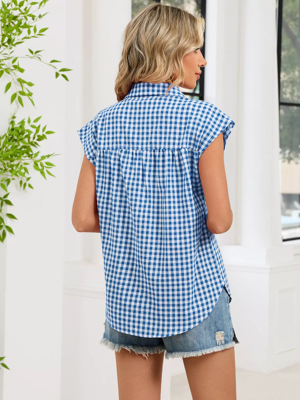 Plaid Button Up Cap Sleeve Shirt (33)