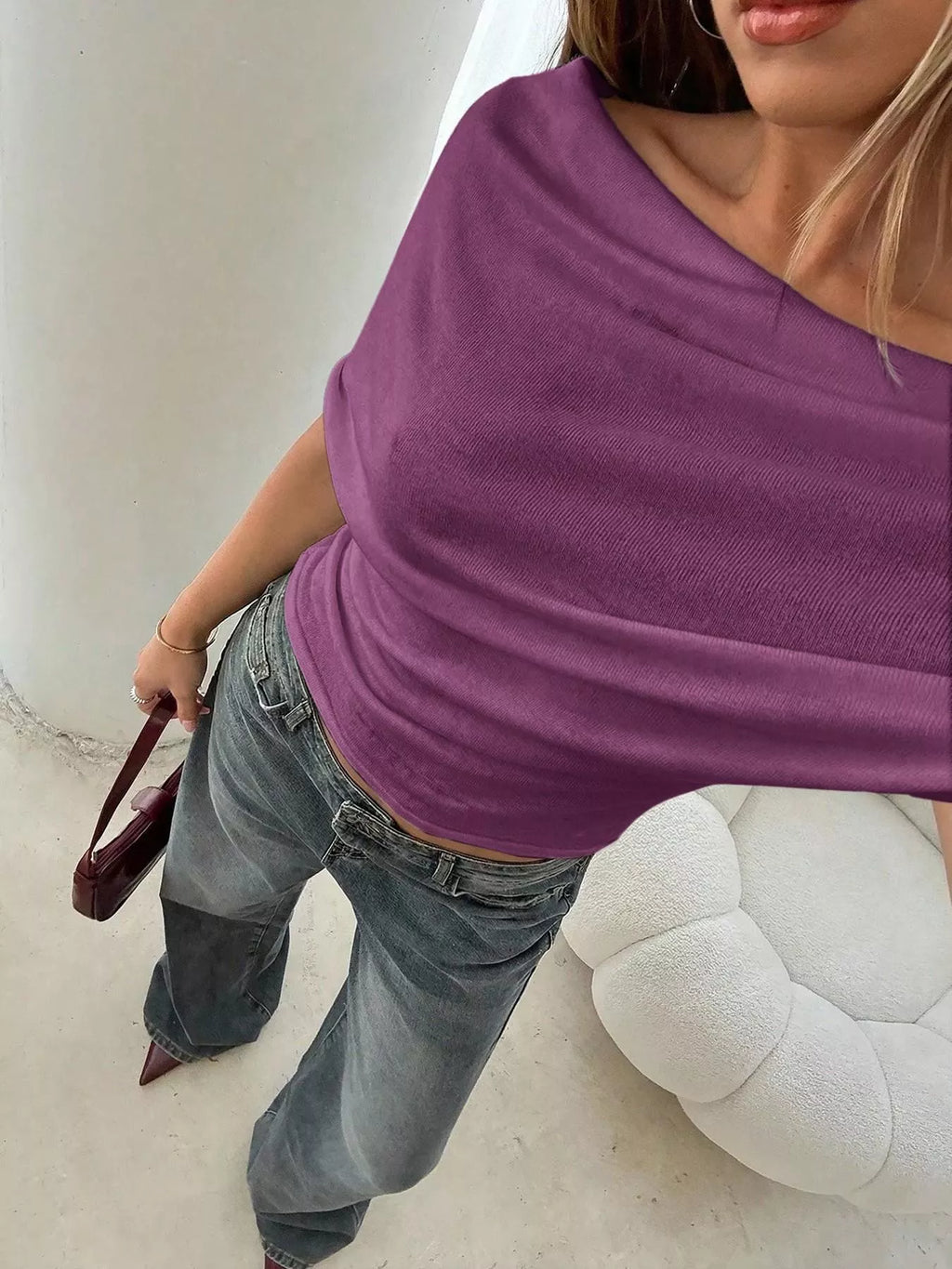 Off-shoulder Ruched Knit T-shirt (24)