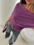 Off-shoulder Ruched Knit T-shirt (24)