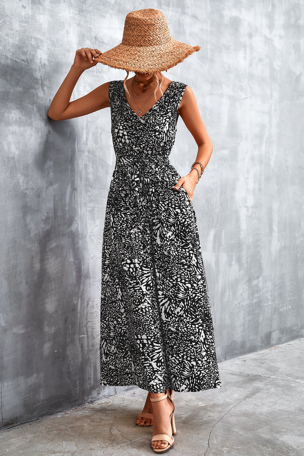 Printed V-neck Tie Waist Maxi Dress (9)